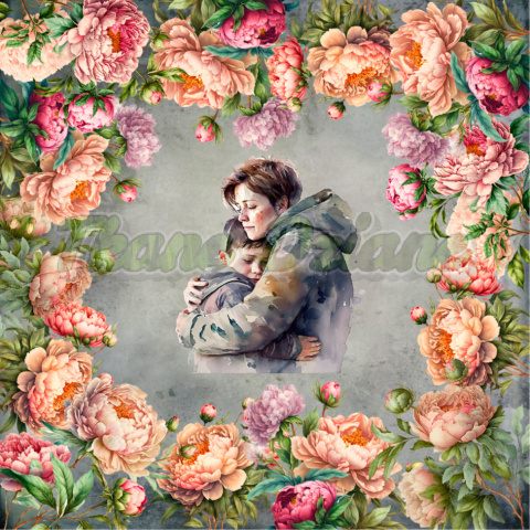 Mama Panel TkaneDziane.pl > PANEL MAMA Z SYNEM W PIWONIACH NR 9 TŁO PASTEL SZARY